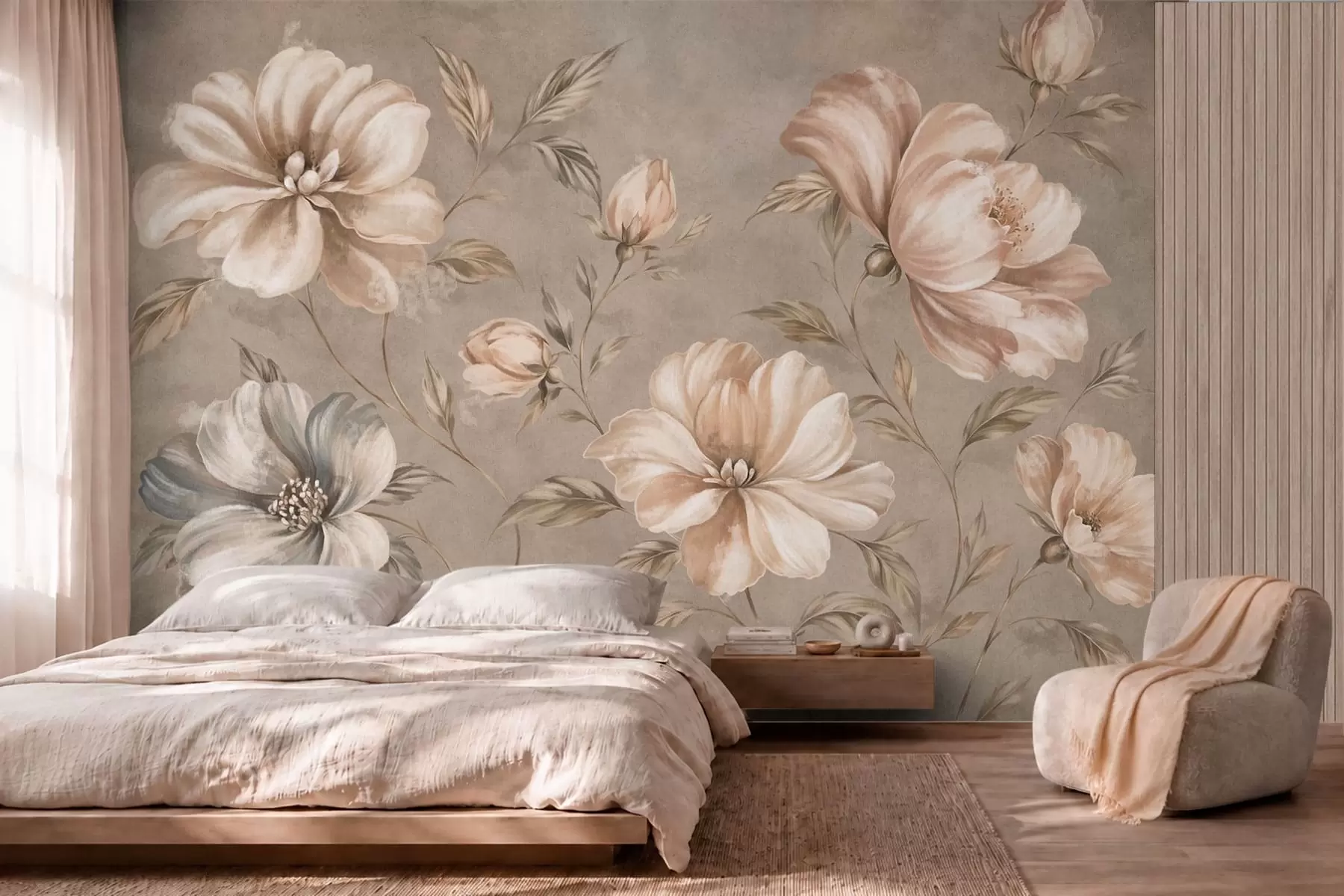 murais de parede Grandes flores nas cores creme e bege, com folhas w05958