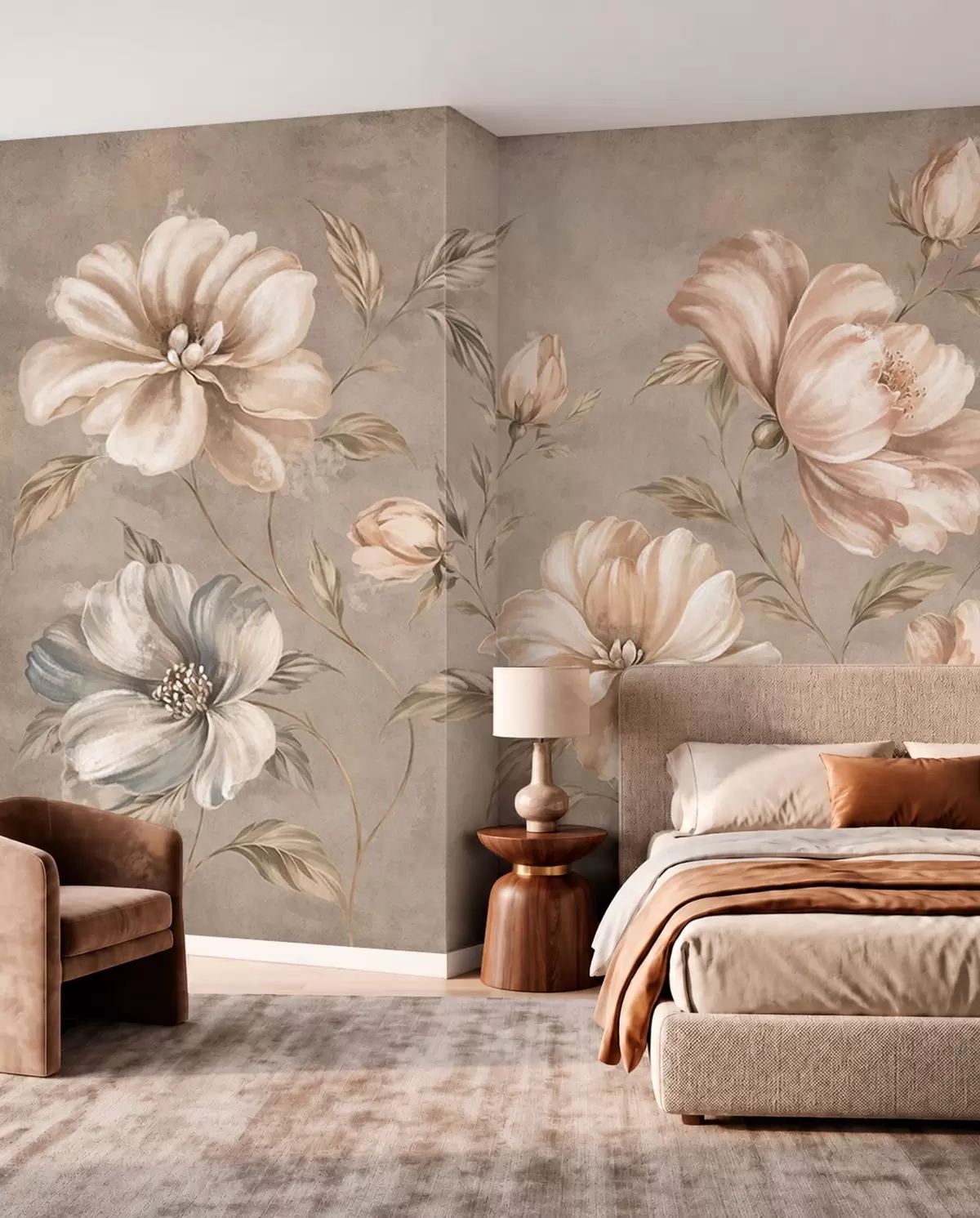 murais de parede Grandes flores nas cores creme e bege, com folhas w05958