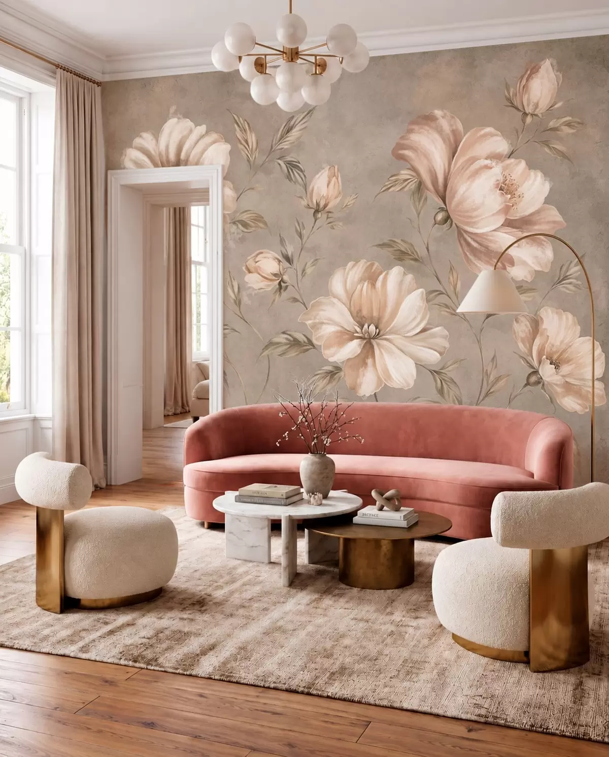 murais de parede Grandes flores nas cores creme e bege, com folhas w05958