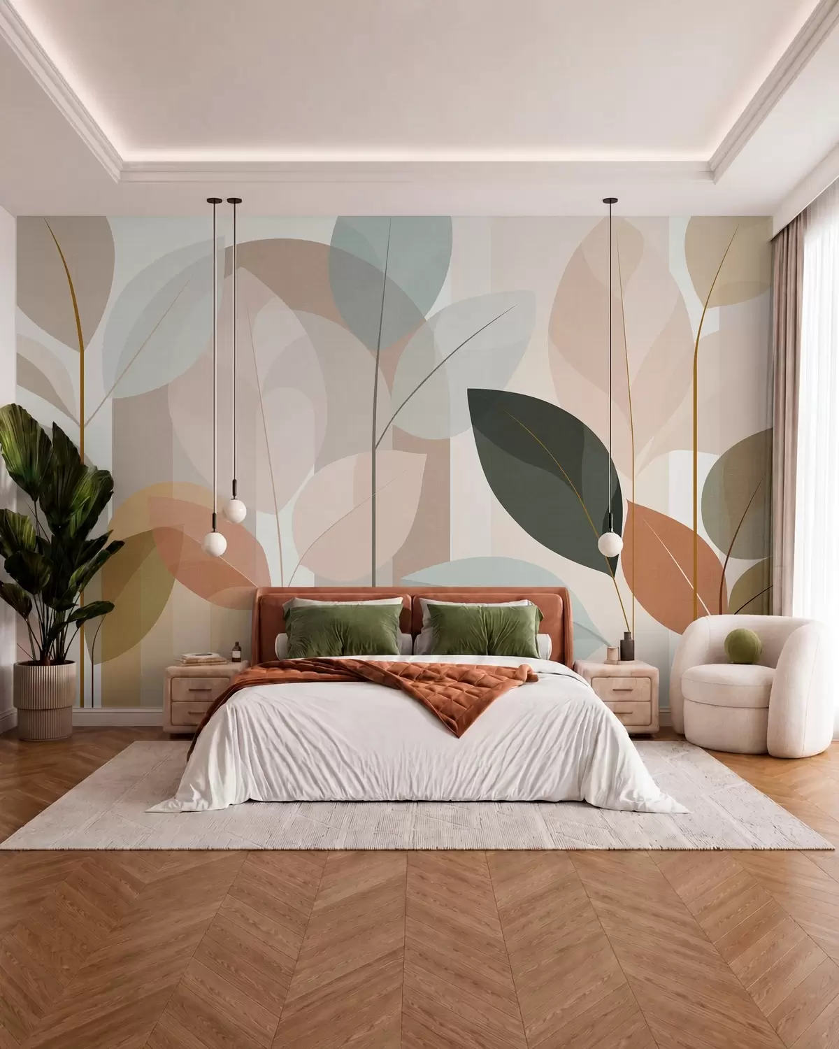 murais de parede um desenho abstrato com folhas em um estilo de trama fosca, em tons de bege, terracota e pêssego w05986