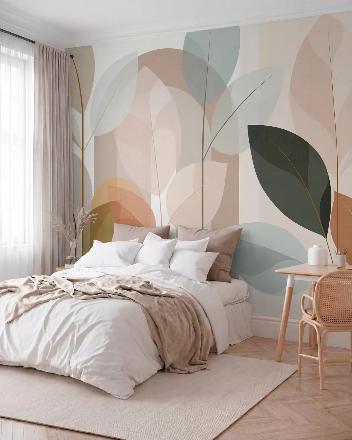 murais de parede um desenho abstrato com folhas em um estilo de trama fosca, em tons de bege, terracota e pêssego w05986