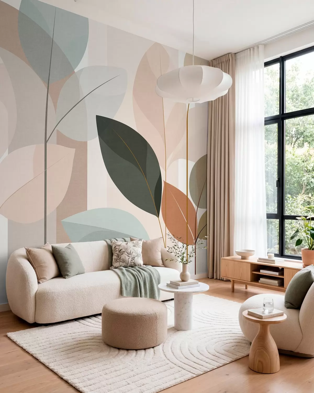 murais de parede um desenho abstrato com folhas em um estilo de trama fosca, em tons de bege, terracota e pêssego w05986