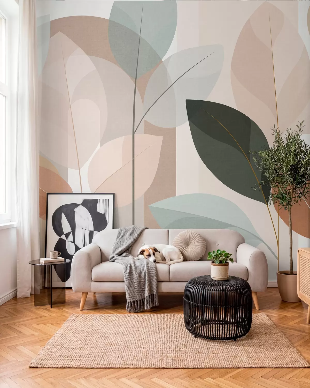 murais de parede um desenho abstrato com folhas em um estilo de trama fosca, em tons de bege, terracota e pêssego w05986