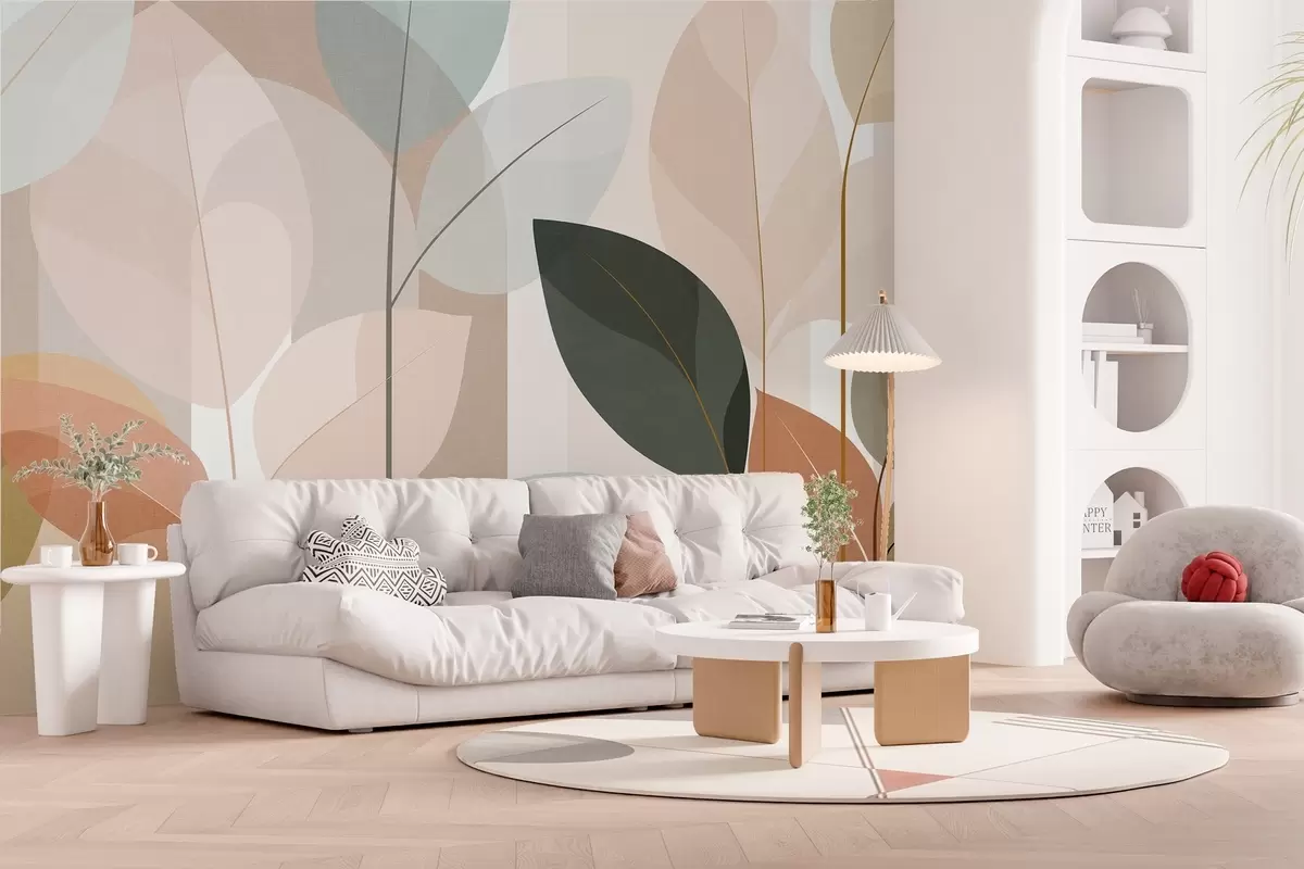 murais de parede um desenho abstrato com folhas em um estilo de trama fosca, em tons de bege, terracota e pêssego w05986
