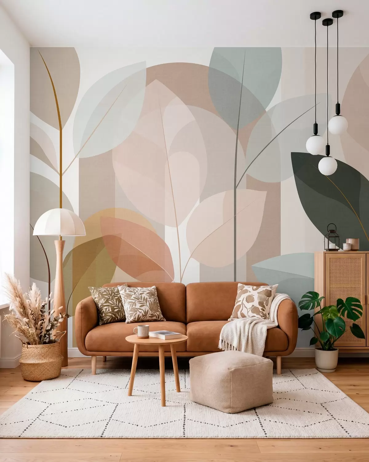 murais de parede um desenho abstrato com folhas em um estilo de trama fosca, em tons de bege, terracota e pêssego w05986
