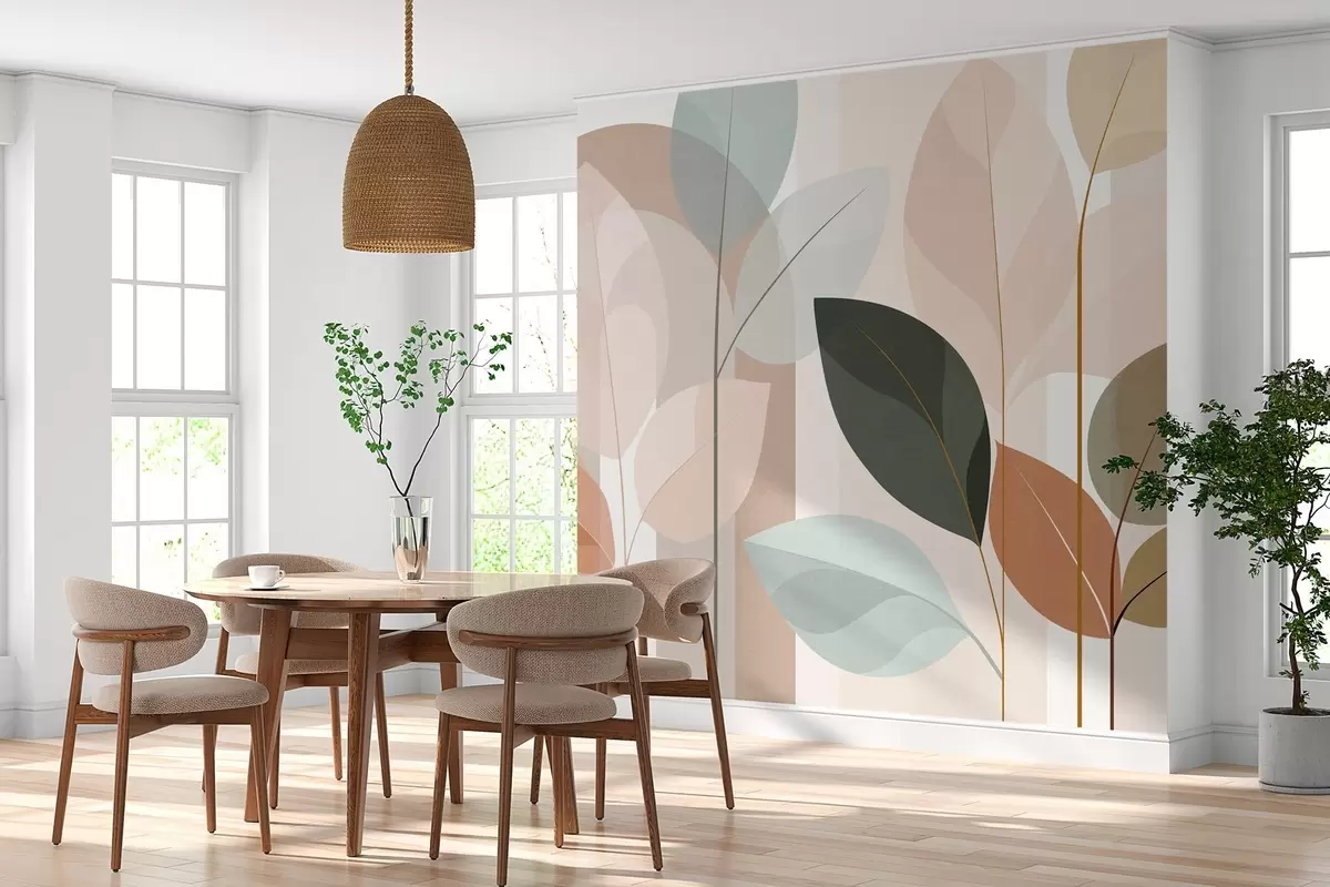 murais de parede um desenho abstrato com folhas em um estilo de trama fosca, em tons de bege, terracota e pêssego w05986