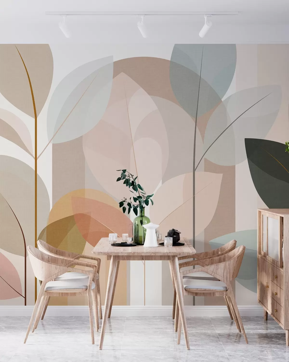 murais de parede um desenho abstrato com folhas em um estilo de trama fosca, em tons de bege, terracota e pêssego w05986