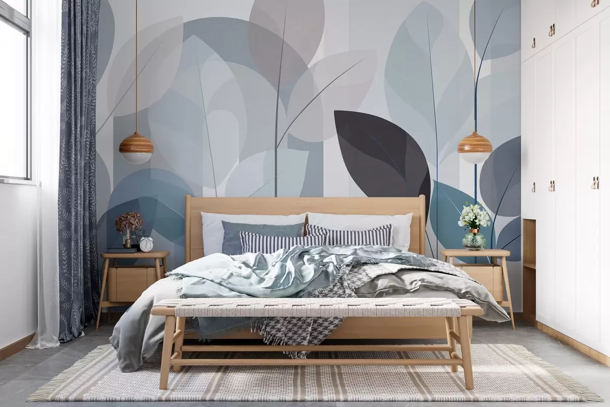 murais de parede um desenho abstrato com folhas em um estilo de trama fosca em tons de azul w05986v2