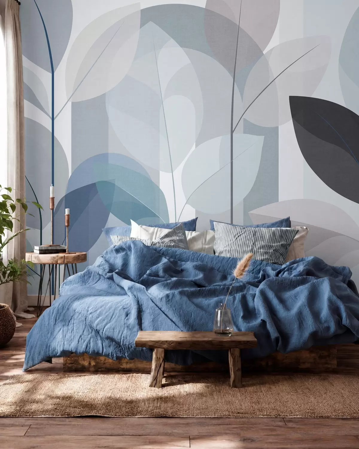 murais de parede um desenho abstrato com folhas em um estilo de trama fosca em tons de azul w05986v2