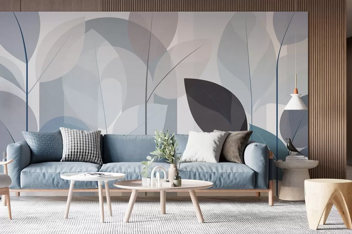 murais de parede um desenho abstrato com folhas em um estilo de trama fosca em tons de azul w05986v2