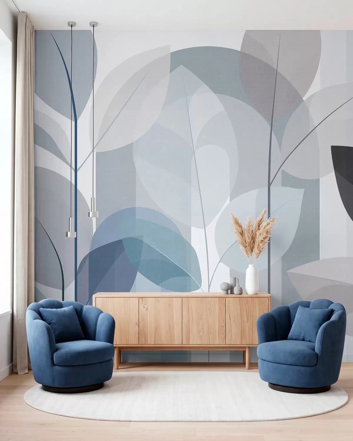 murais de parede um desenho abstrato com folhas em um estilo de trama fosca em tons de azul w05986v2