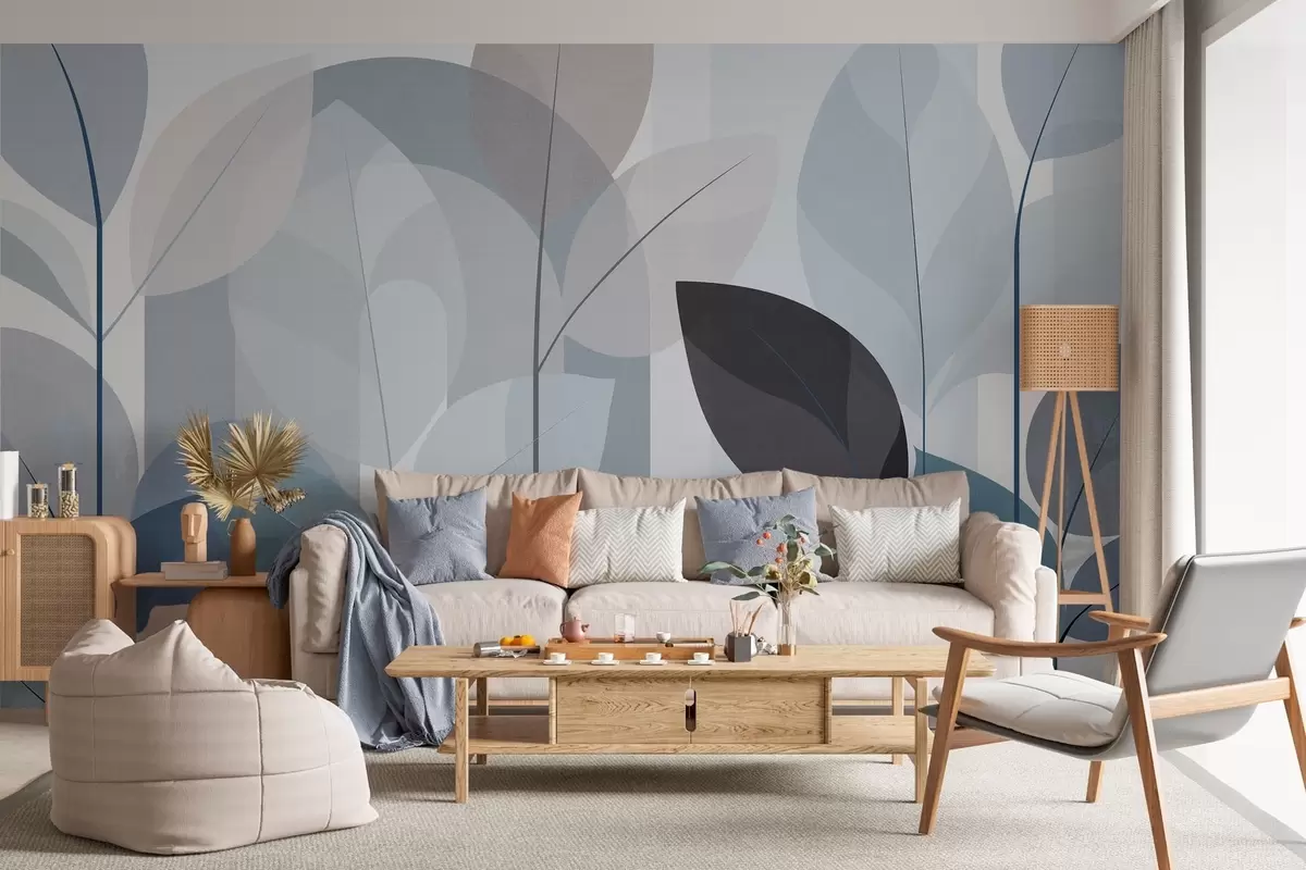 murais de parede um desenho abstrato com folhas em um estilo de trama fosca em tons de azul w05986v2
