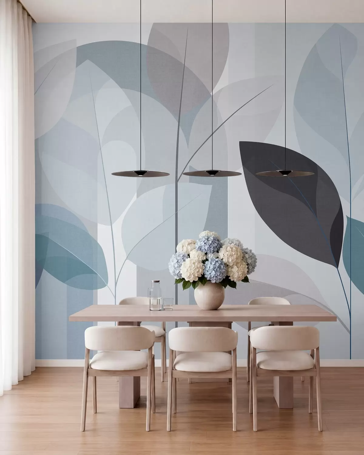 murais de parede um desenho abstrato com folhas em um estilo de trama fosca em tons de azul w05986v2