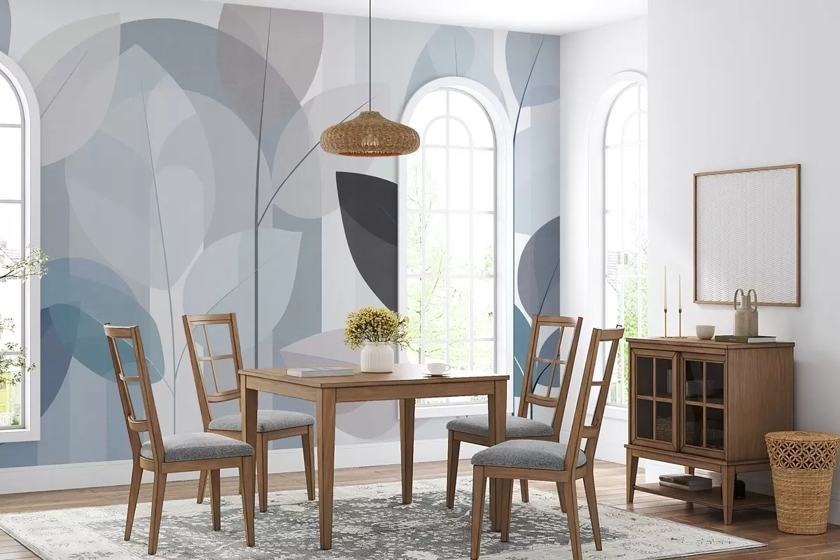 murais de parede um desenho abstrato com folhas em um estilo de trama fosca em tons de azul w05986v2
