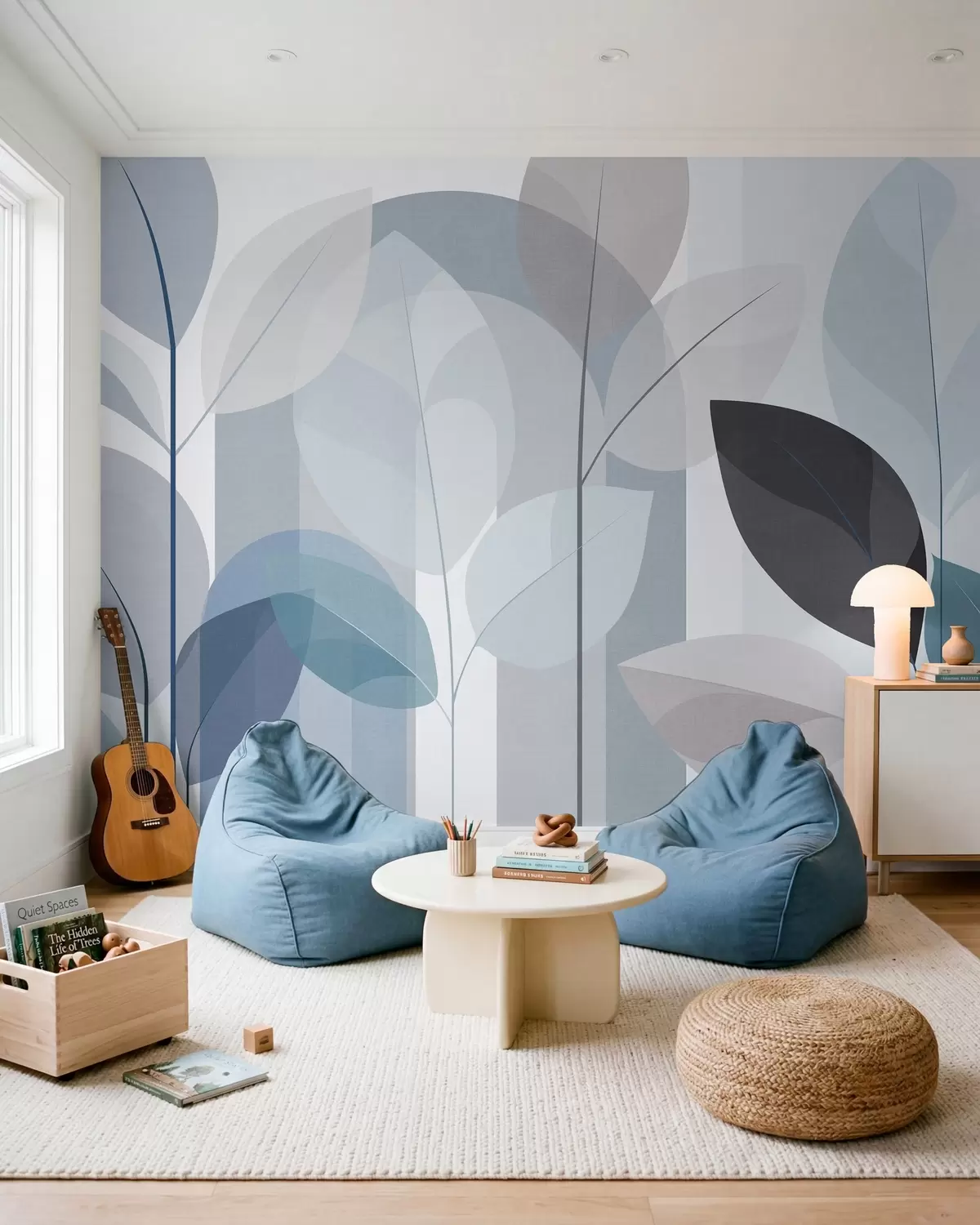 murais de parede um desenho abstrato com folhas em um estilo de trama fosca em tons de azul w05986v2