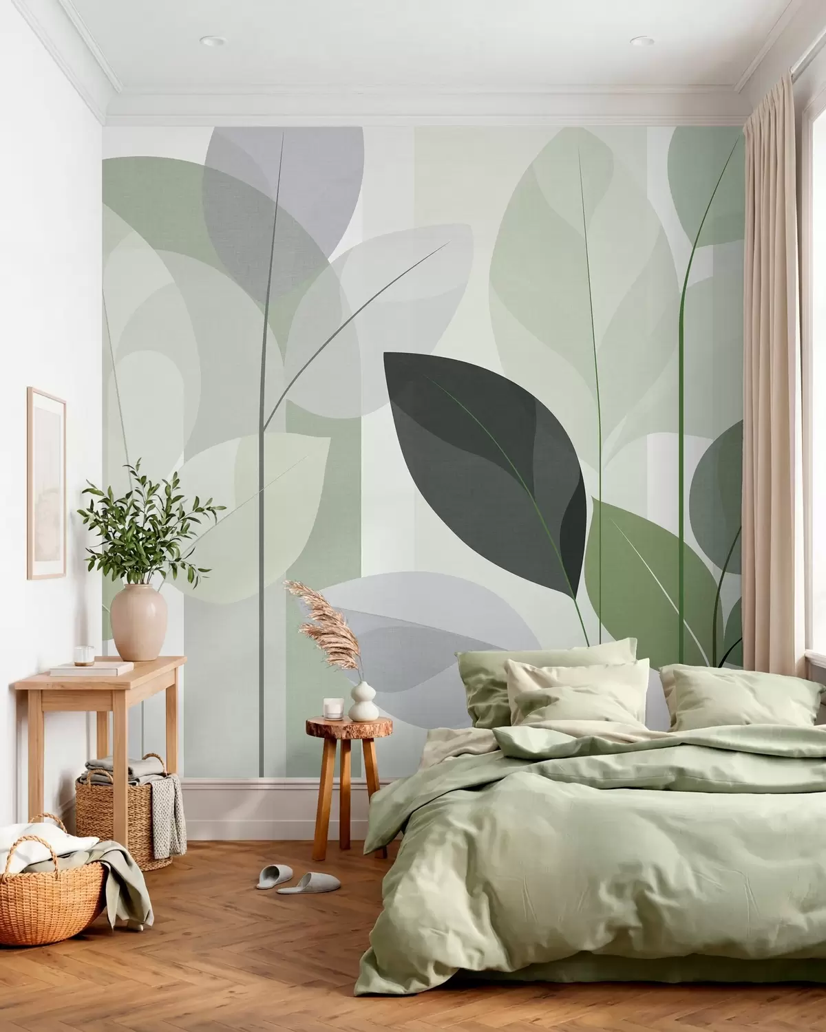 murais de parede um desenho abstrato com folhas em um estilo de trama fosca em tons de verde w05986v1