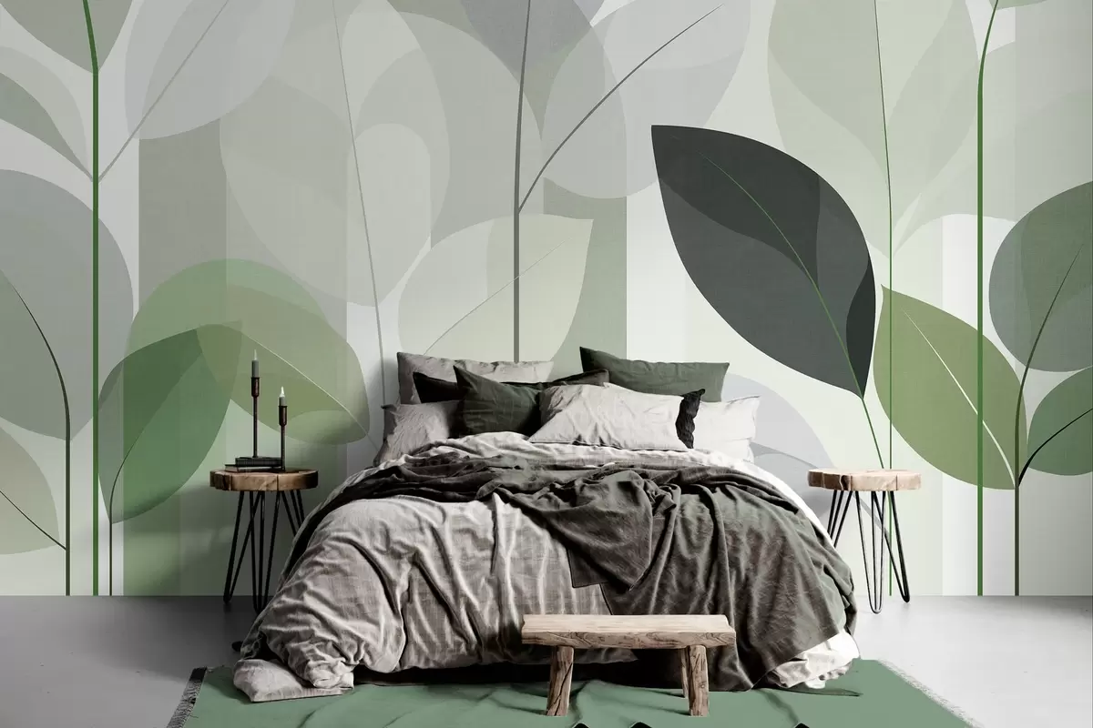 murais de parede um desenho abstrato com folhas em um estilo de trama fosca em tons de verde w05986v1