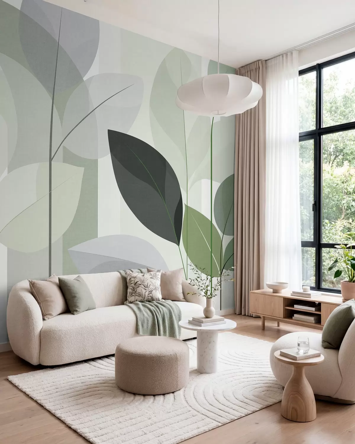 murais de parede um desenho abstrato com folhas em um estilo de trama fosca em tons de verde w05986v1