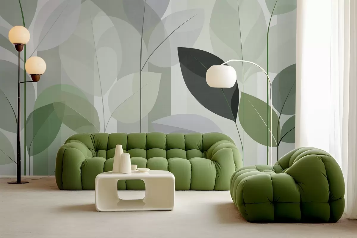 murais de parede um desenho abstrato com folhas em um estilo de trama fosca em tons de verde w05986v1
