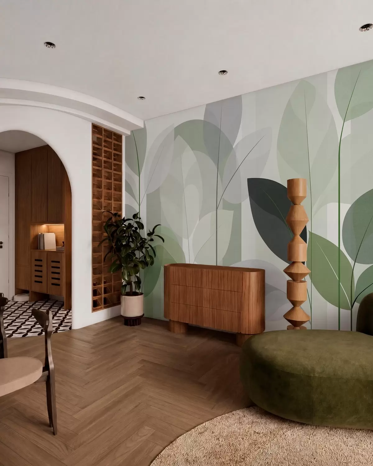 murais de parede um desenho abstrato com folhas em um estilo de trama fosca em tons de verde w05986v1