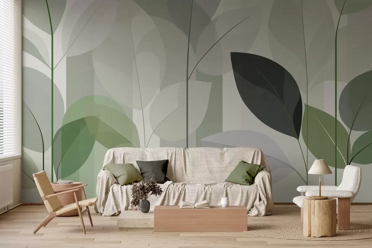 murais de parede um desenho abstrato com folhas em um estilo de trama fosca em tons de verde w05986v1