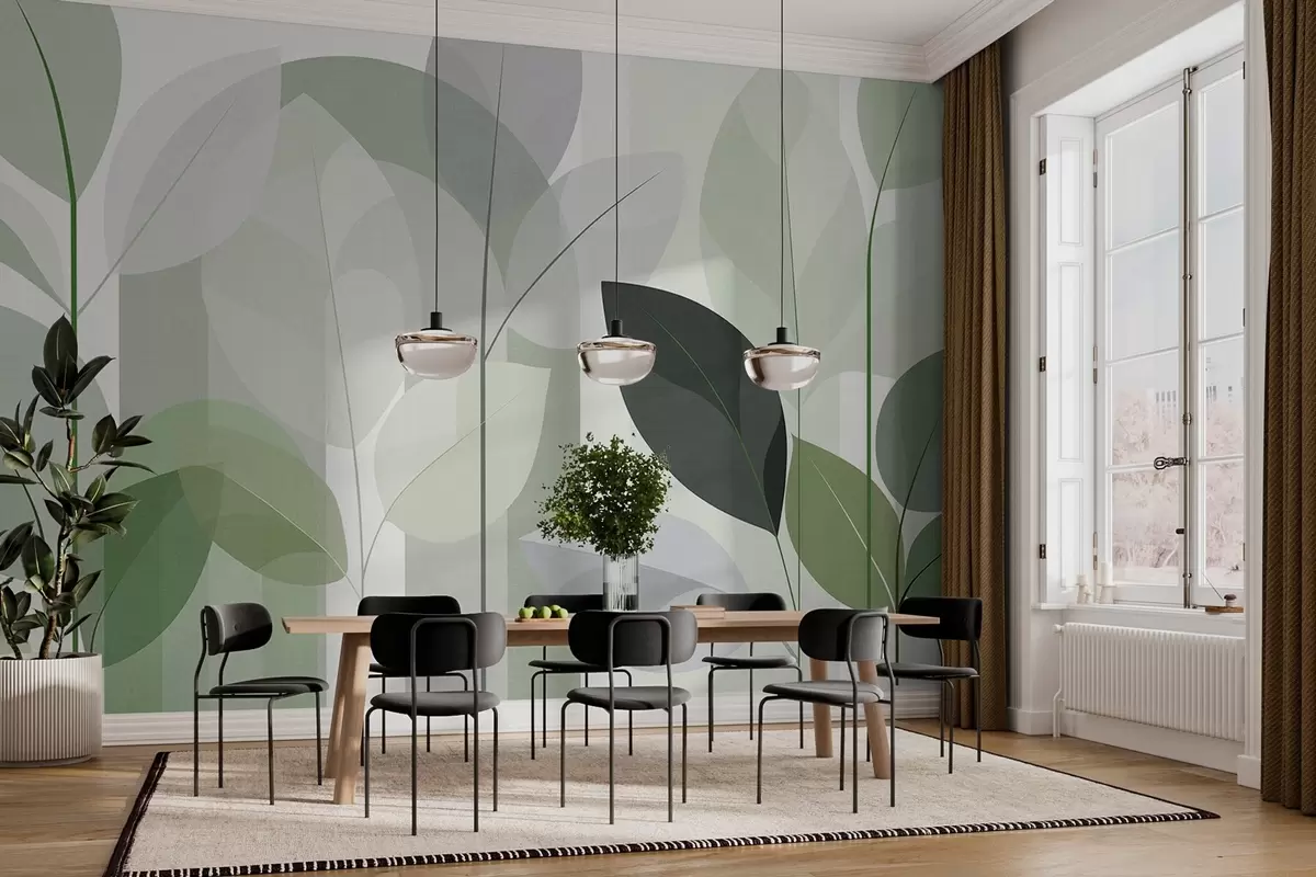 murais de parede um desenho abstrato com folhas em um estilo de trama fosca em tons de verde w05986v1