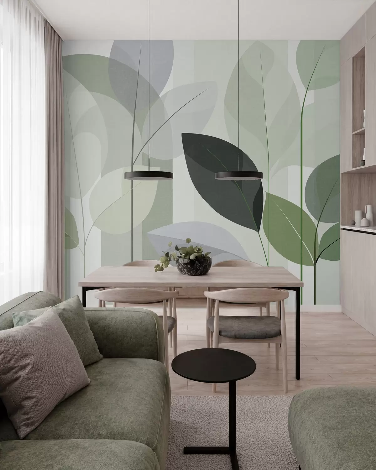 murais de parede um desenho abstrato com folhas em um estilo de trama fosca em tons de verde w05986v1