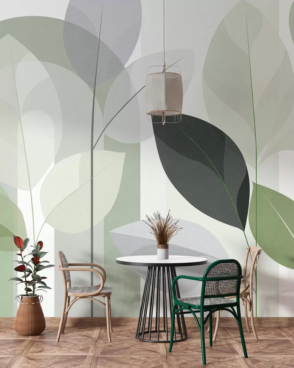 murais de parede um desenho abstrato com folhas em um estilo de trama fosca em tons de verde w05986v1