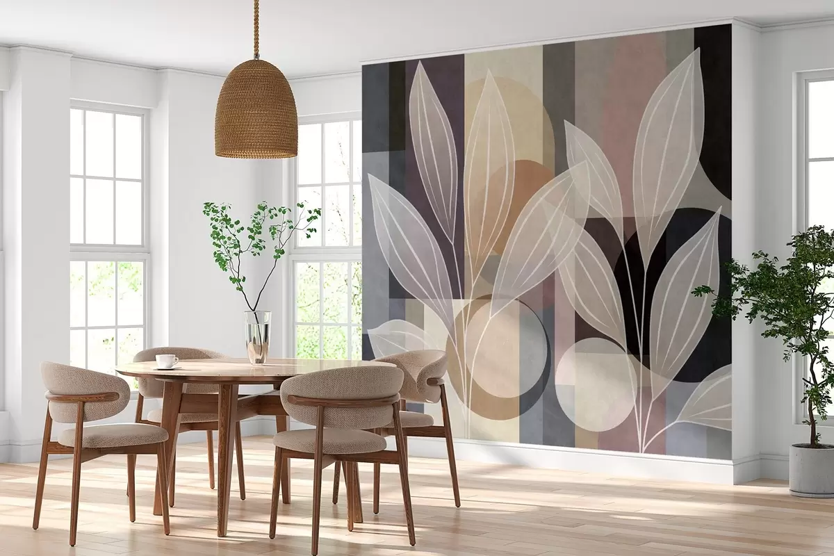 murais de parede folhas estilizadas contra um fundo geométrico em tons de bege e cores escuras w05987
