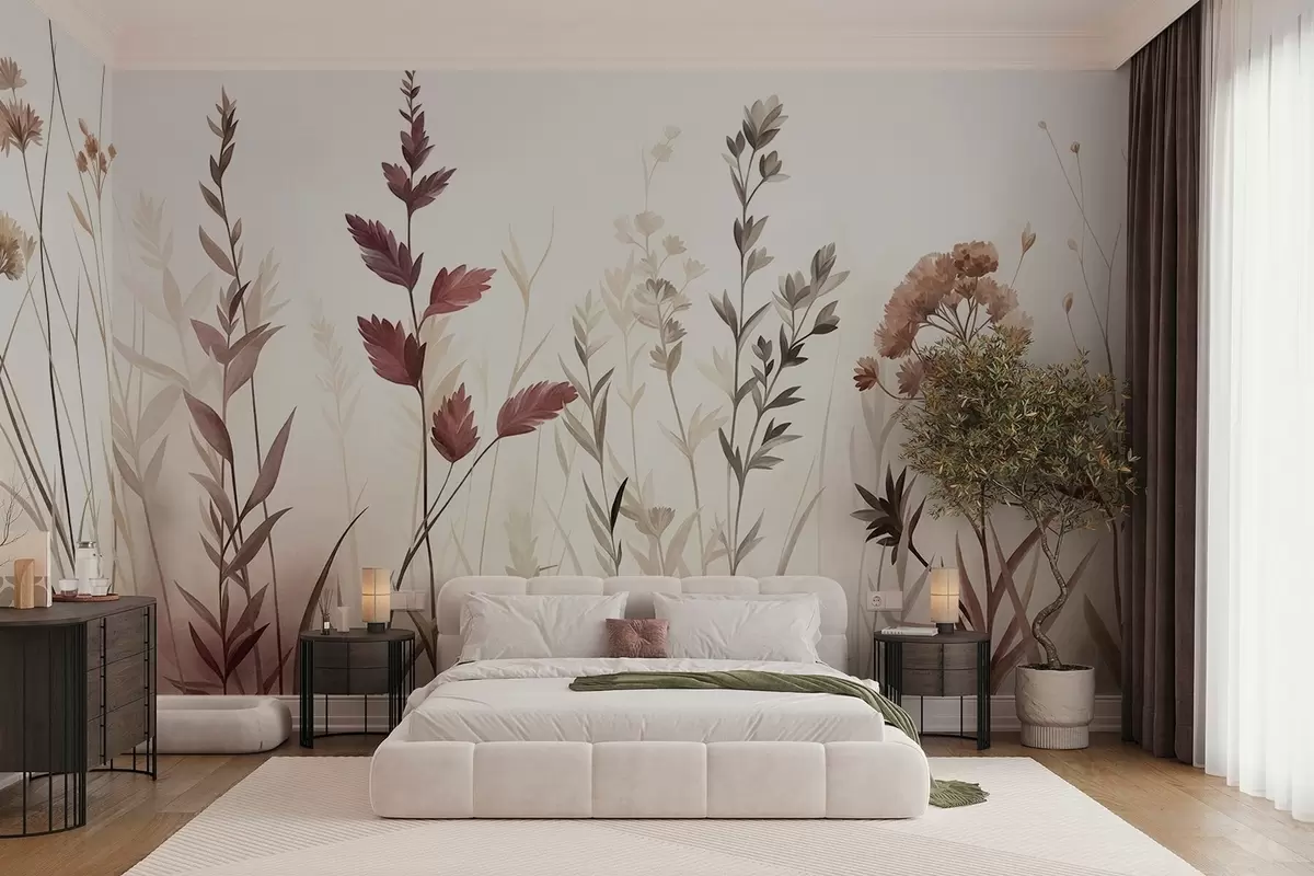 murais de parede Gramíneas altas e flores silvestres em tons terrosos suaves, estética minimalista w10084