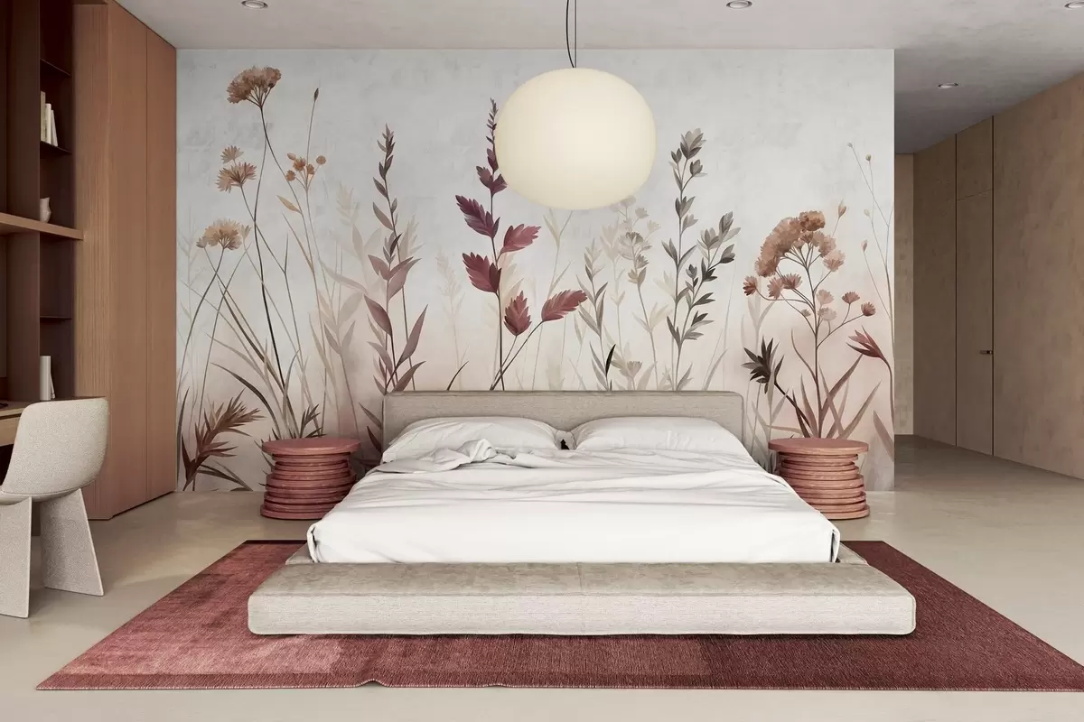 murais de parede Gramíneas altas e flores silvestres em tons terrosos suaves, estética minimalista w10084