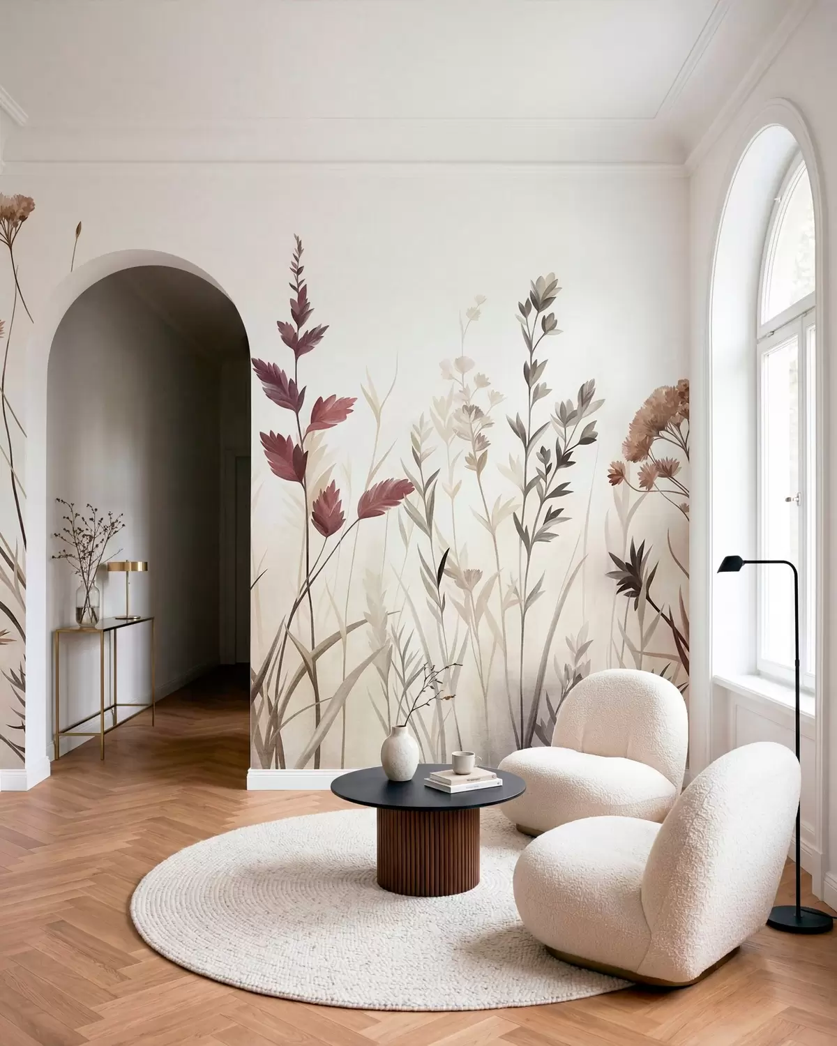 murais de parede Gramíneas altas e flores silvestres em tons terrosos suaves, estética minimalista w10084