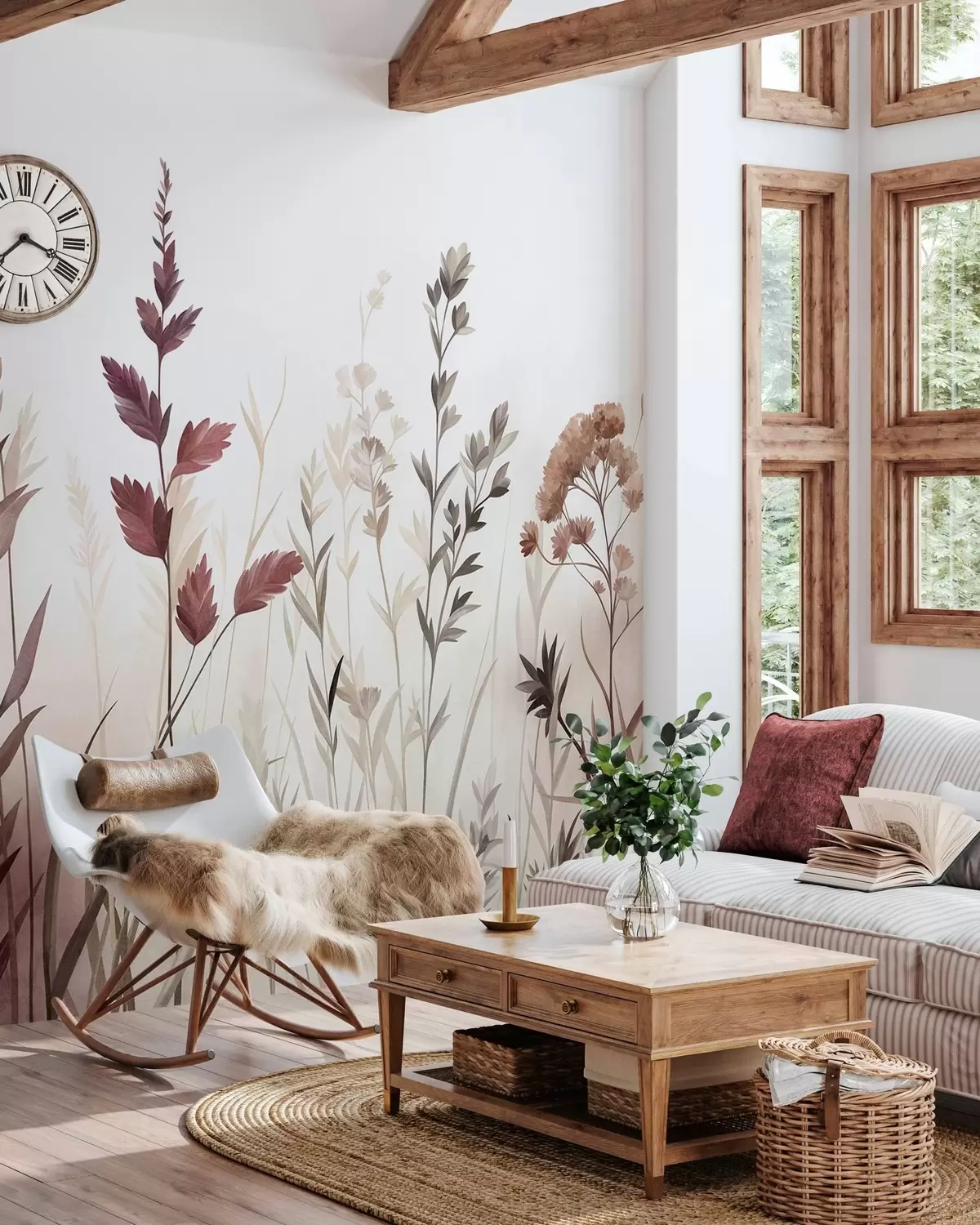 murais de parede Gramíneas altas e flores silvestres em tons terrosos suaves, estética minimalista w10084