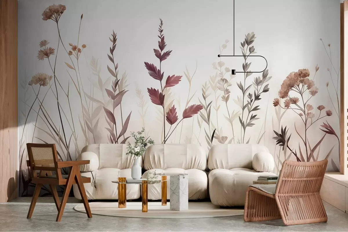 murais de parede Gramíneas altas e flores silvestres em tons terrosos suaves, estética minimalista w10084