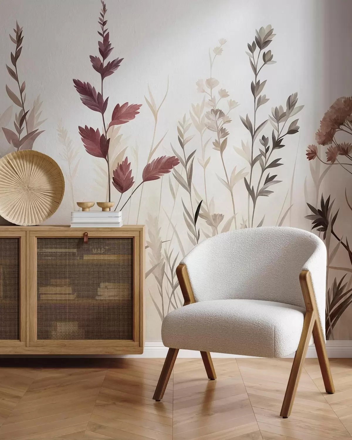 murais de parede Gramíneas altas e flores silvestres em tons terrosos suaves, estética minimalista w10084