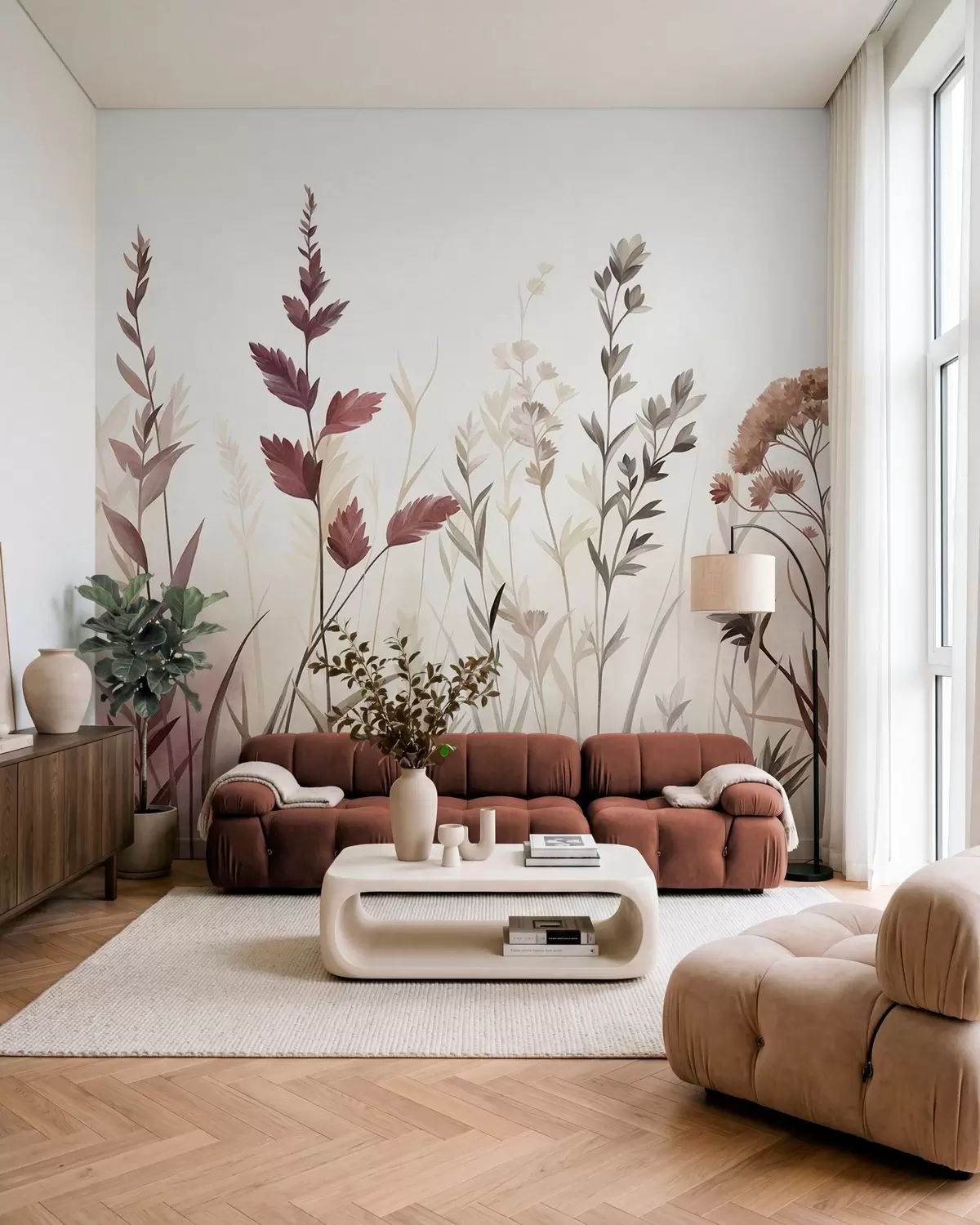 murais de parede Gramíneas altas e flores silvestres em tons terrosos suaves, estética minimalista w10084