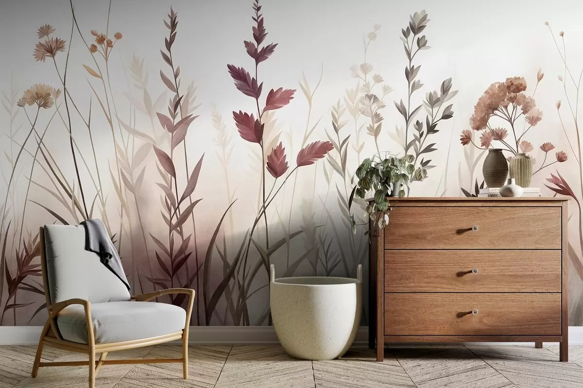 murais de parede Gramíneas altas e flores silvestres em tons terrosos suaves, estética minimalista w10084