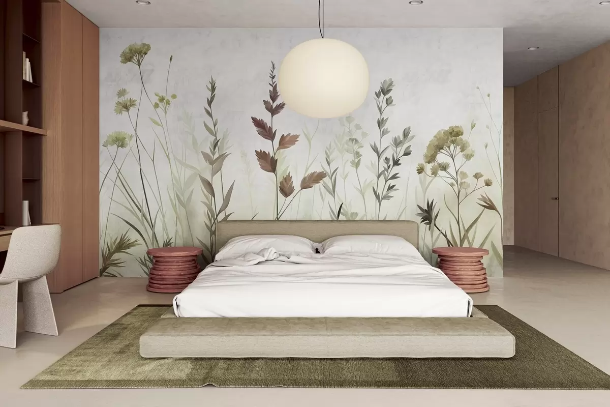 murais de parede Gramíneas altas e flores silvestres em tons suaves de verde, estética minimalista w10084v1