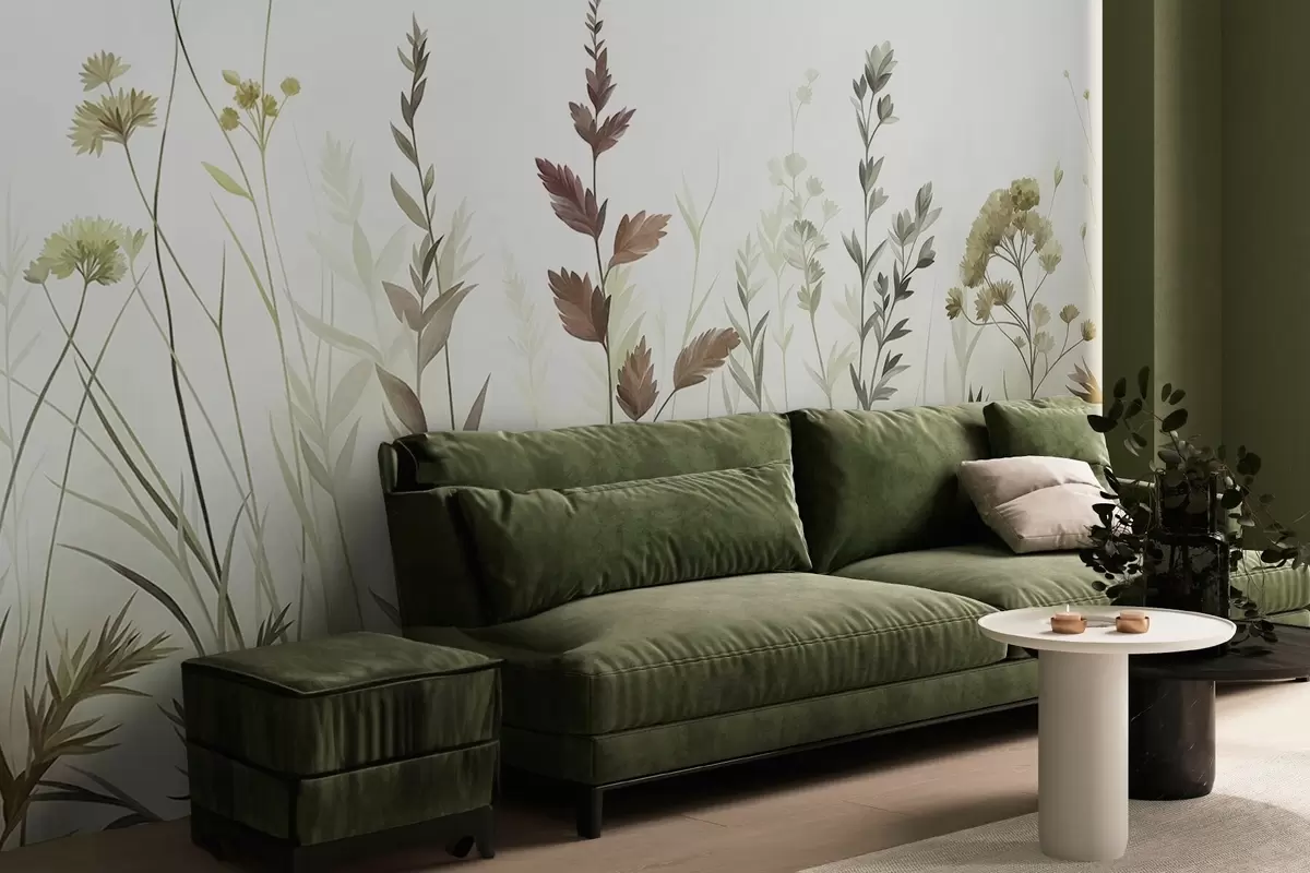 murais de parede Gramíneas altas e flores silvestres em tons suaves de verde, estética minimalista w10084v1