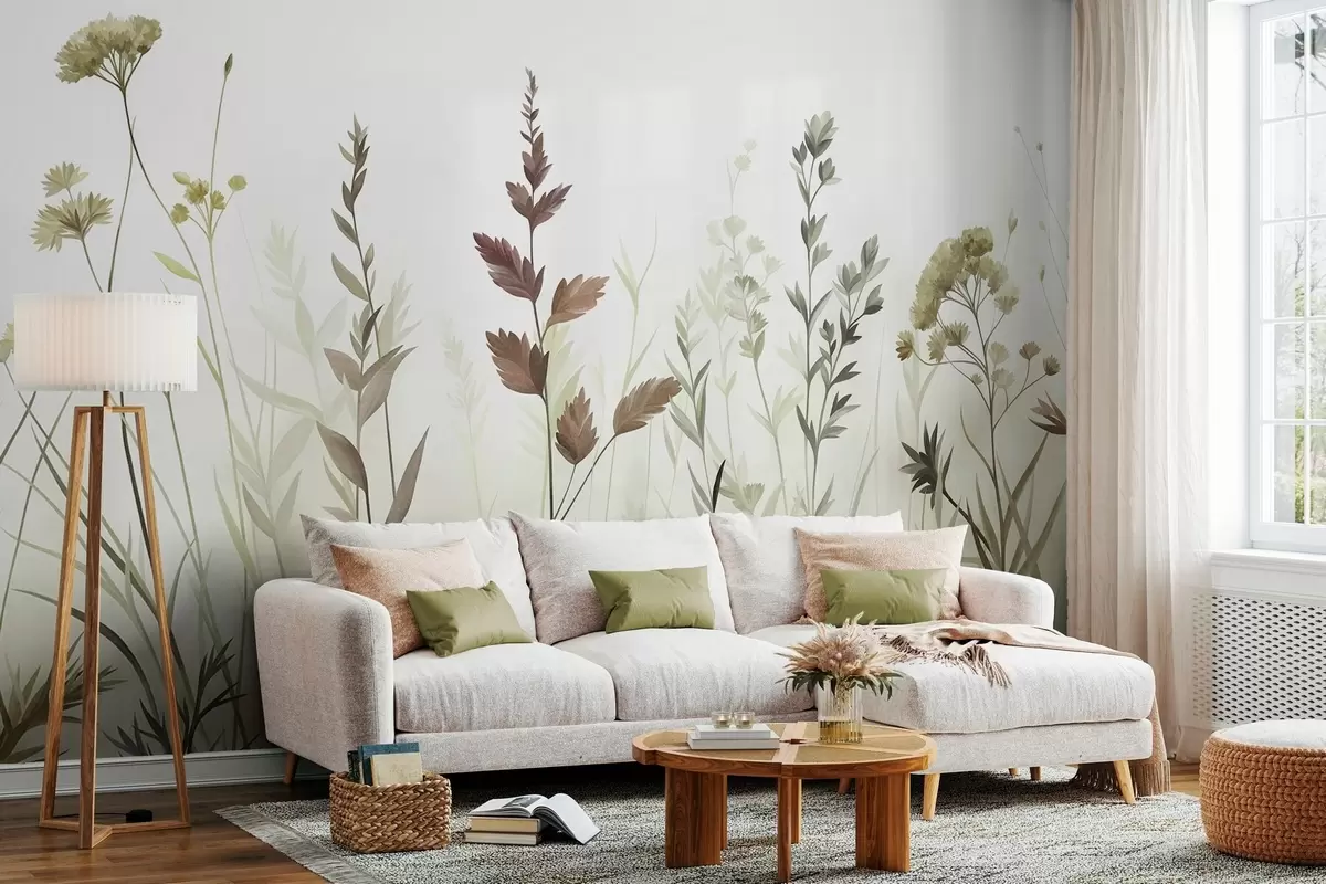 murais de parede Gramíneas altas e flores silvestres em tons suaves de verde, estética minimalista w10084v1