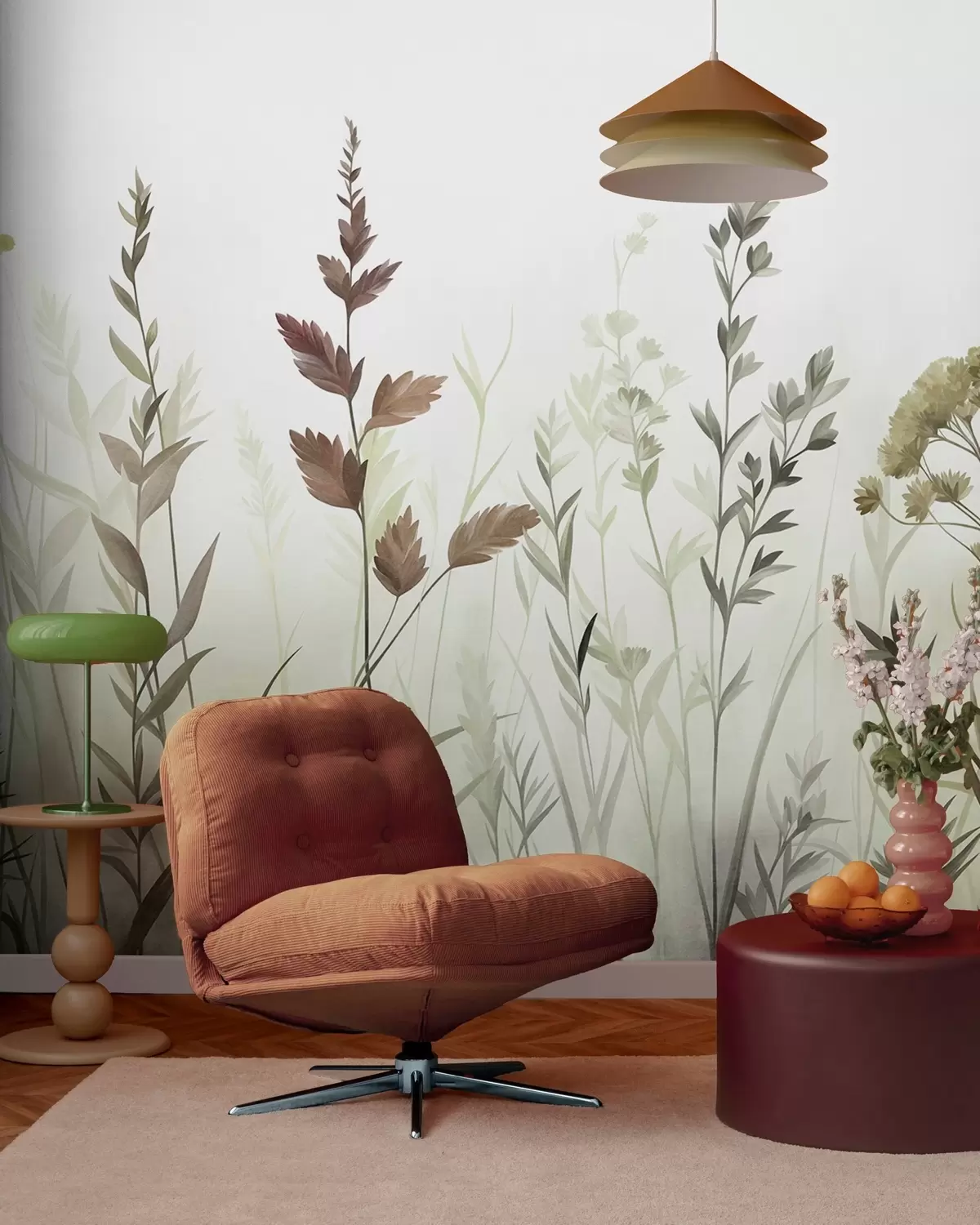 murais de parede Gramíneas altas e flores silvestres em tons suaves de verde, estética minimalista w10084v1