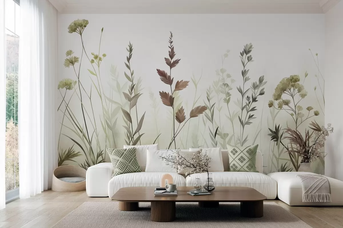 murais de parede Gramíneas altas e flores silvestres em tons suaves de verde, estética minimalista w10084v1