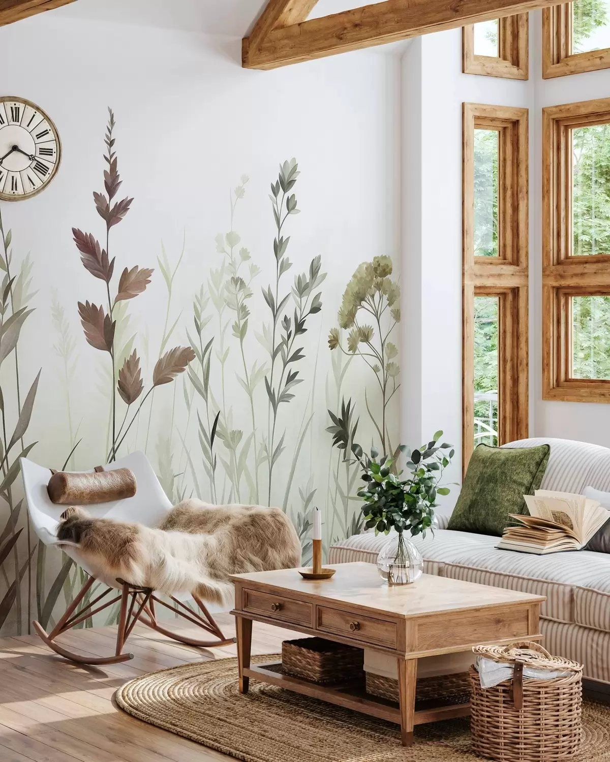 murais de parede Gramíneas altas e flores silvestres em tons suaves de verde, estética minimalista w10084v1