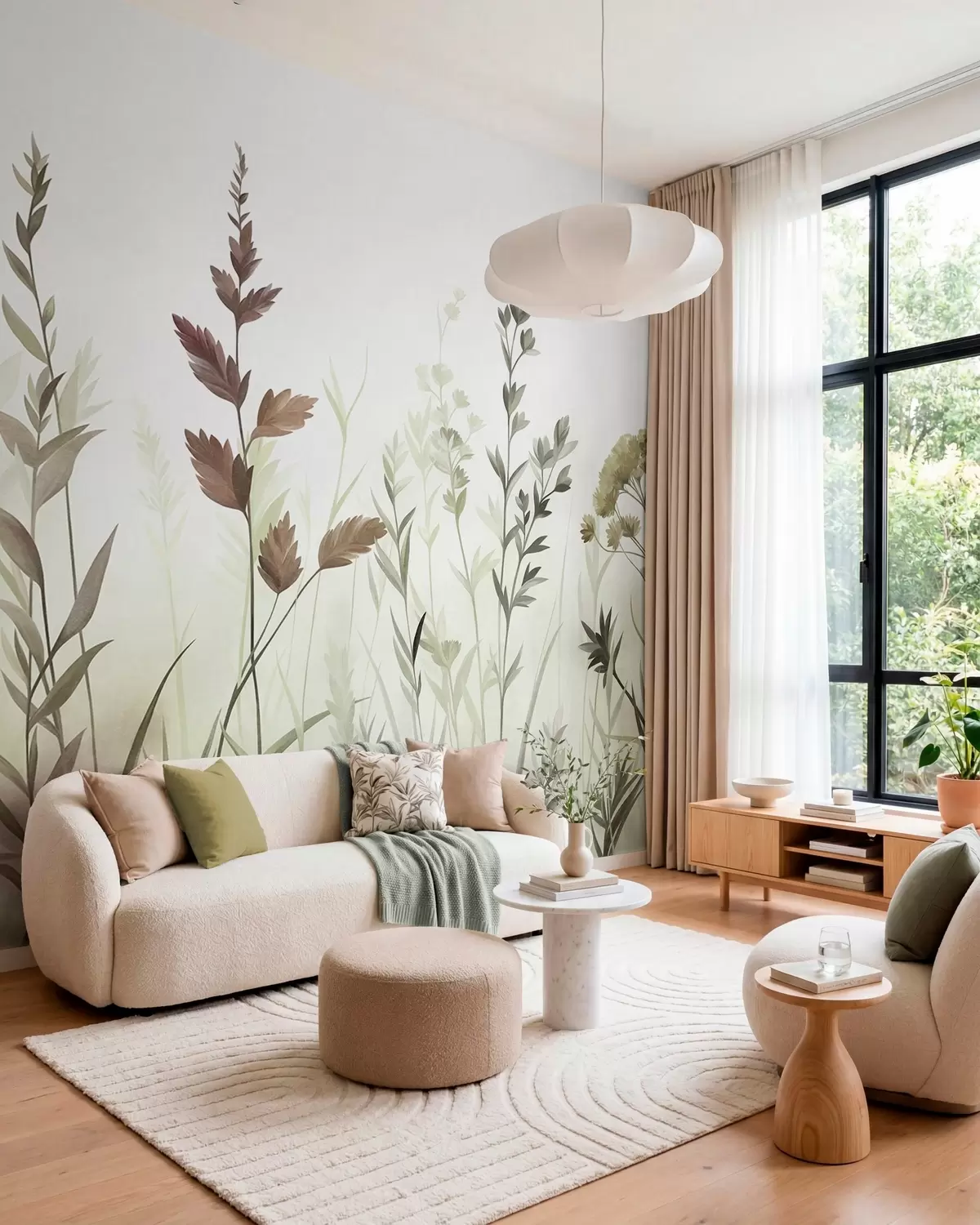 murais de parede Gramíneas altas e flores silvestres em tons suaves de verde, estética minimalista w10084v1