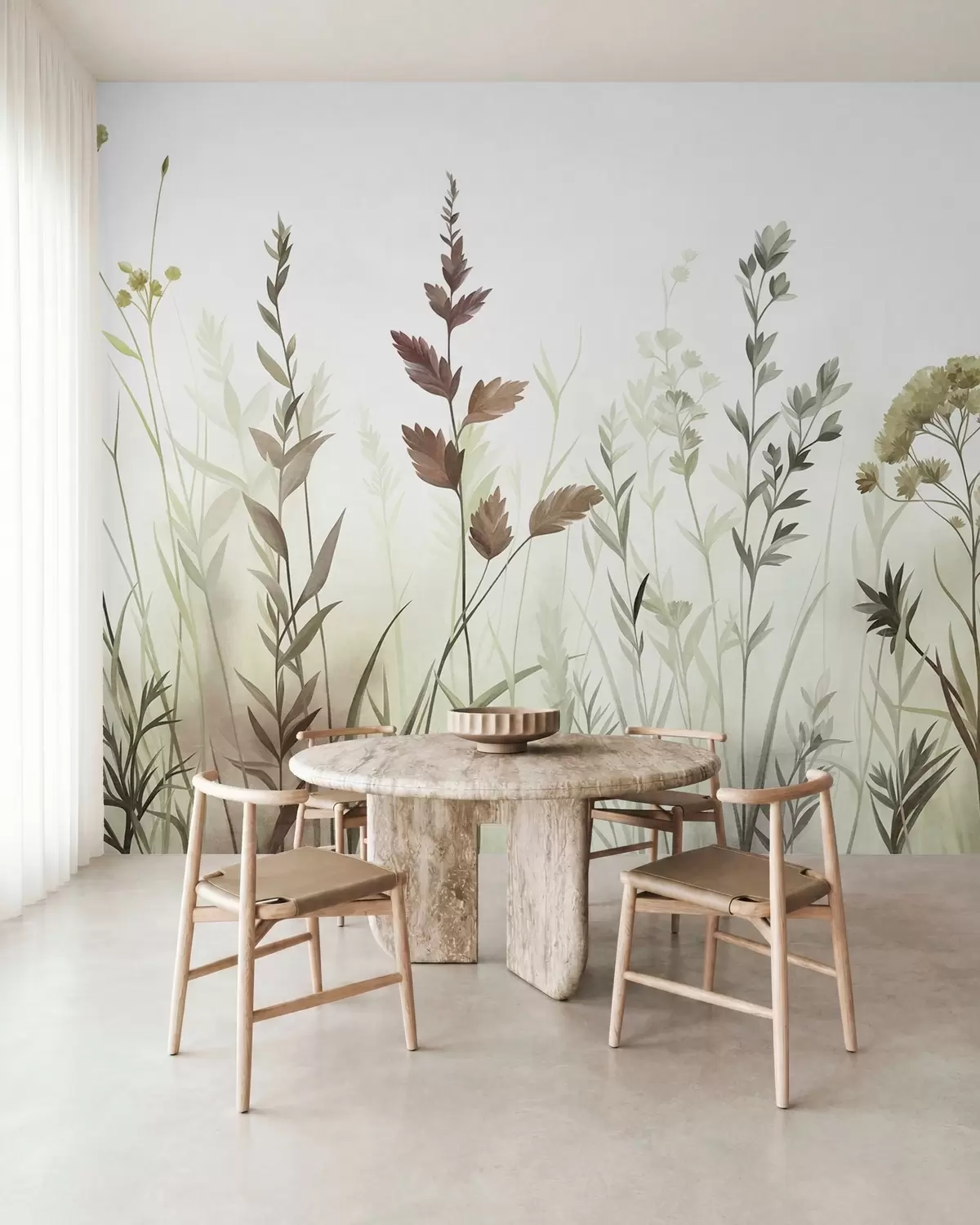 murais de parede Gramíneas altas e flores silvestres em tons suaves de verde, estética minimalista w10084v1