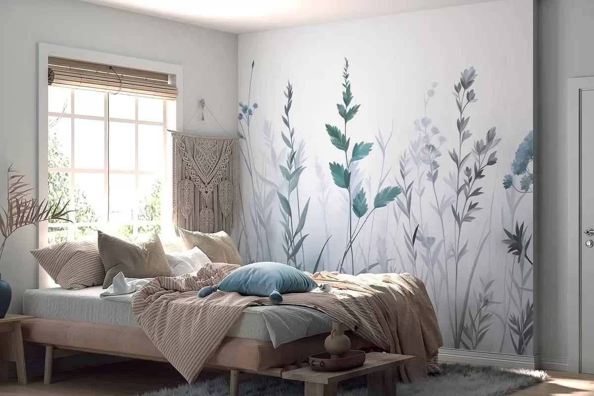 murais de parede Gramíneas altas e flores silvestres em tons suaves de azul, estética minimalista w10084v2