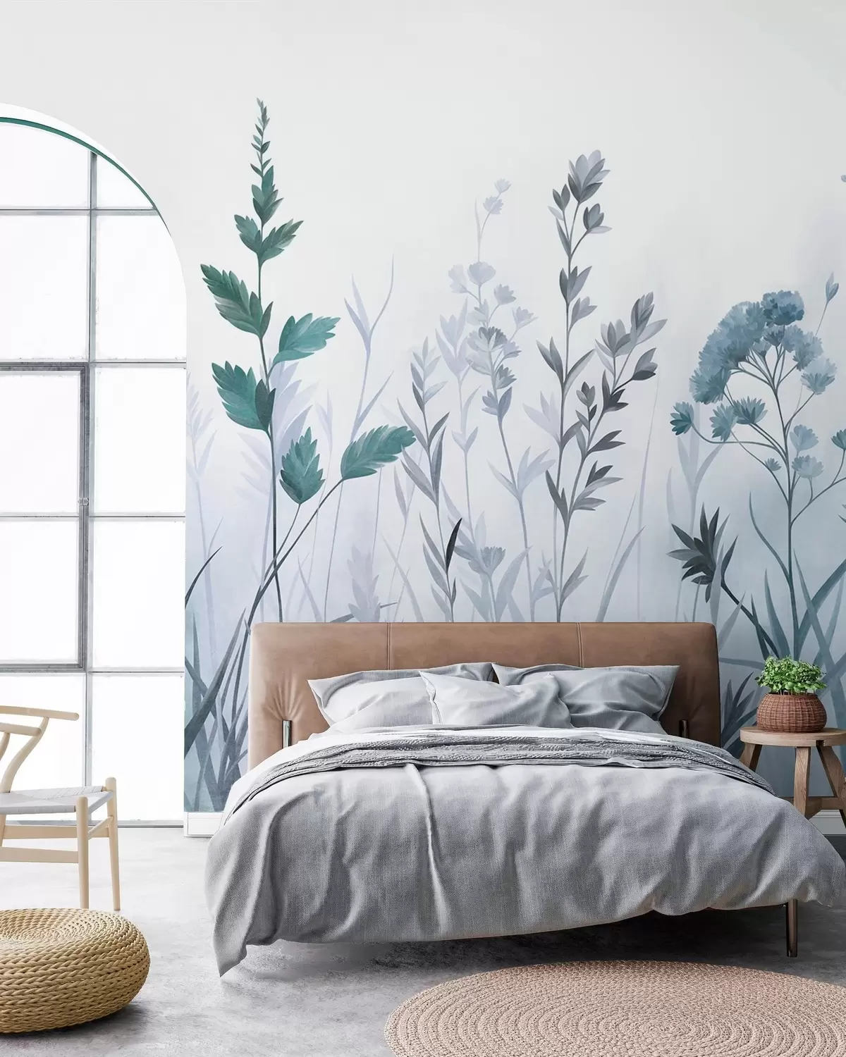 murais de parede Gramíneas altas e flores silvestres em tons suaves de azul, estética minimalista w10084v2