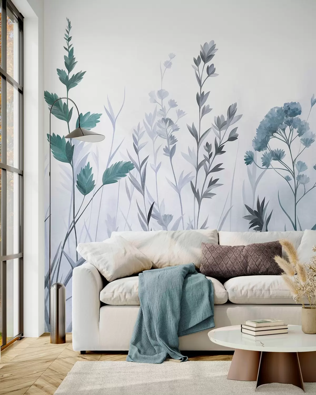 murais de parede Gramíneas altas e flores silvestres em tons suaves de azul, estética minimalista w10084v2