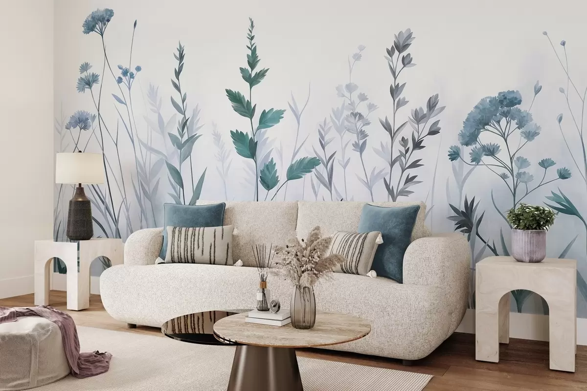 murais de parede Gramíneas altas e flores silvestres em tons suaves de azul, estética minimalista w10084v2