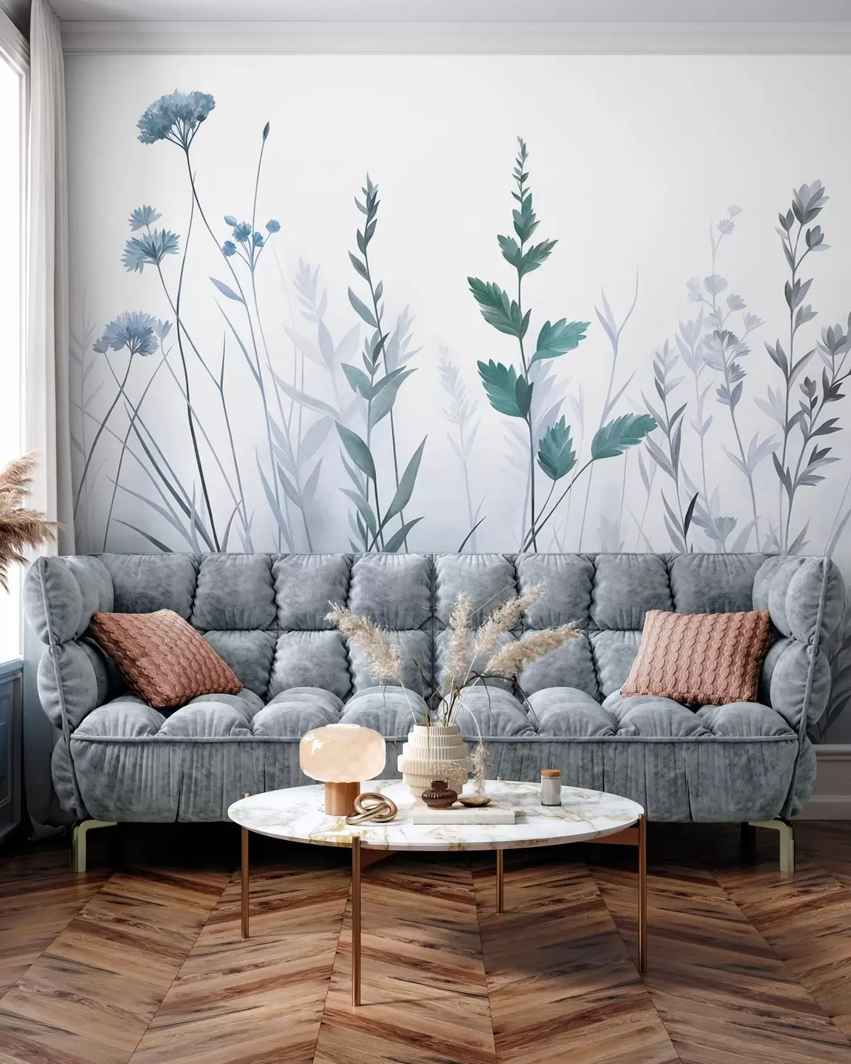 murais de parede Gramíneas altas e flores silvestres em tons suaves de azul, estética minimalista w10084v2